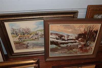 Lot 1048 - Angus Rands (20th Century) Snowbound Yorkshire landscape, signed, oil on board, 44cm by 59.5cm,...