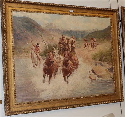 Lot 1055 - Harry Bishop, Native Americans pursuing a stage coach, signed, oil on canvas, 74.5.cm by 100cm