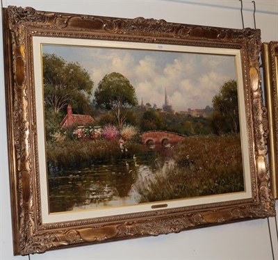 Lot 1056 - A* Bartholomew (contemporary) Goose girl in an extensive river landscape, signed, oil on...