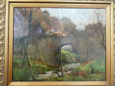 Lot 1058 - British School (19th century) Autumnal Landscape with Bridge, indistinctly monogrammed and...