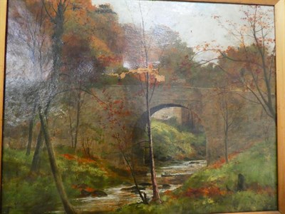 Lot 1058 - British School (19th century) Autumnal Landscape with Bridge, indistinctly monogrammed and...