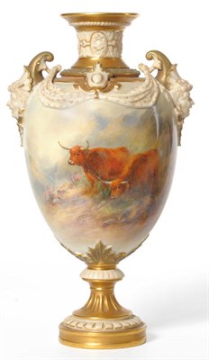 Lot 33 - A Royal Worcester Porcelain Baluster Vase, painted by John Stinton, circa 1904, with mask...