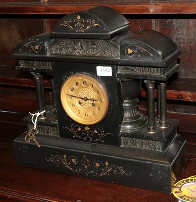 Lot 1142 - A Victorian black slate striking mantel clock, retailed by Collingwood & Sons, Paris