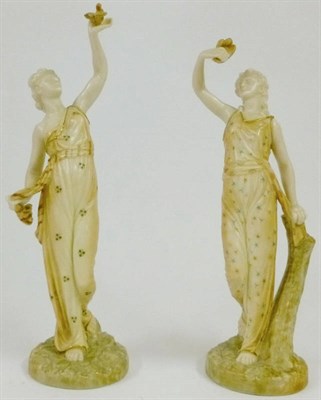 Lot 35 - A Pair of Royal Worcester Porcelain Figures of Joy and Sorrow, circa 1902, each as a classical...