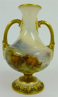 Lot 36 - A Royal Worcester Porcelain Vase, 1907, of baluster form with twin loop handles, painted by...