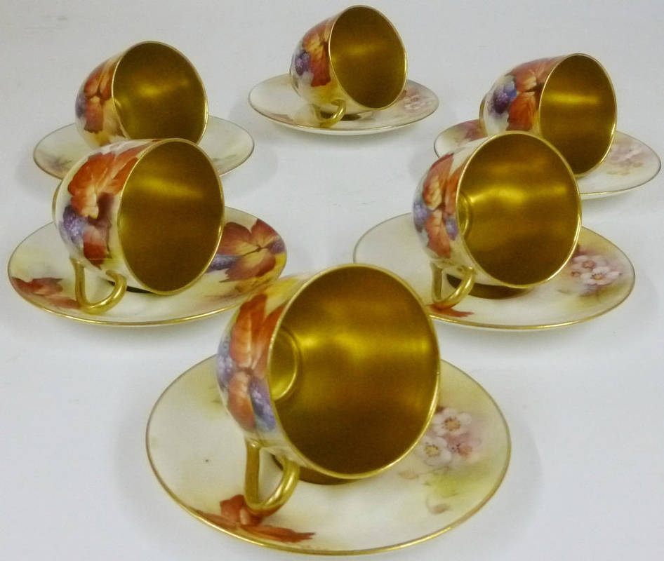 Lot 39 - A Cased Set of Six Royal Worcester Porcelain Coffee Cups and Saucers, painted by Kitty Blake, 1926
