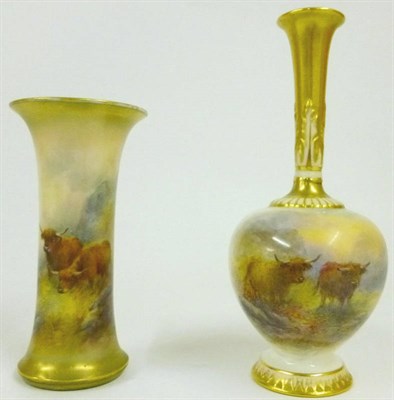 Lot 40 - A Royal Worcester Porcelain Beaker Vase, painted by Harry Stinton, 1916, with two highland...
