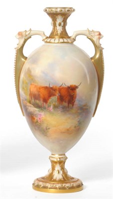 Lot 42 - A Royal Worcester Porcelain Baluster Vase, painted by Harry Stinton, 1910, the strap handles...