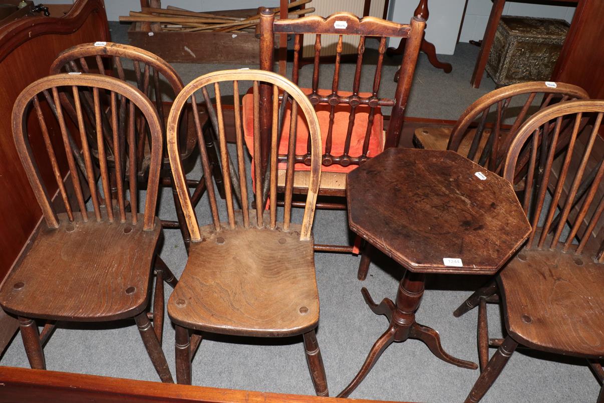 Lot 1244 - Five ash and elm spindle back chairs, tripod table and a rush-seated spindle back chair