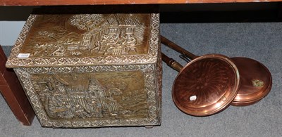 Lot 1259 - A quantity of brass and copper, including a log bin, two warming pans, etc