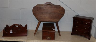 Lot 1302 - A miniature chest of drawers, a tray, a pub crate, a sewing box, a shop till and a tool chest (5)