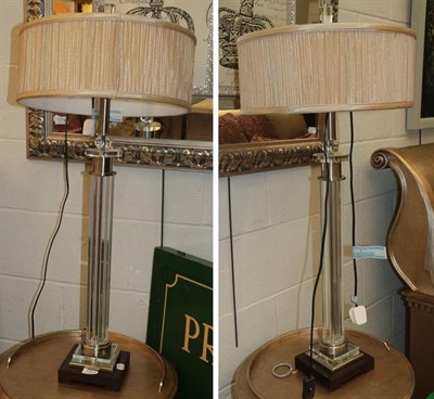 Lot 1311 - A pair of modern glass table lamps with gathered fabric shades