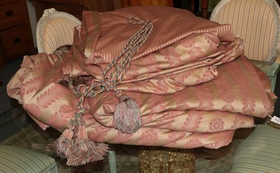 Lot 1330 - A pair of large pink curtains with pelmet and tie backs