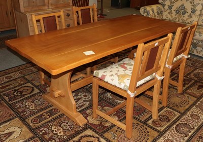 Lot 1347 - An English oak refectory style table, modern, of rectangular wavy shaped form, on trestle end...