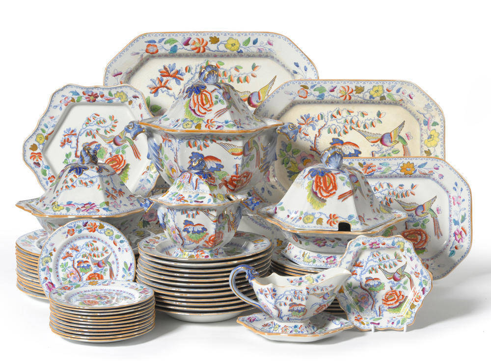 Lot 56 - A Masons Ironstone Dinner Service, 19th century, printed in underglaze blue and over painted in...