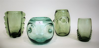 Lot 4 - Whitefriars - Two Glass Vases, with bosses, in emerald green and green, pattern 9120 and 9121,...