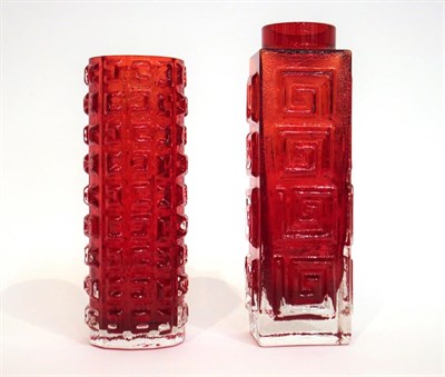 Lot 12 - Whitefriars - Geoffrey Baxter: A Textured Range Aztec Glass Vase, in ruby, pattern 9816, 17.5cm...