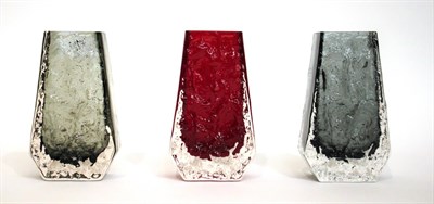 Lot 13 - Whitefriars - Geoffrey Baxter: A Trio of Textured Range Coffin Glass Vases, in ruby, willow and...