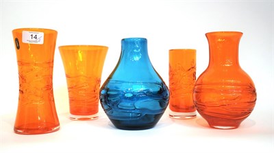 Lot 14 - Whitefriars - Geoffrey Baxter: Four Random Strapping Glass Vases, in tangerine, pattern...