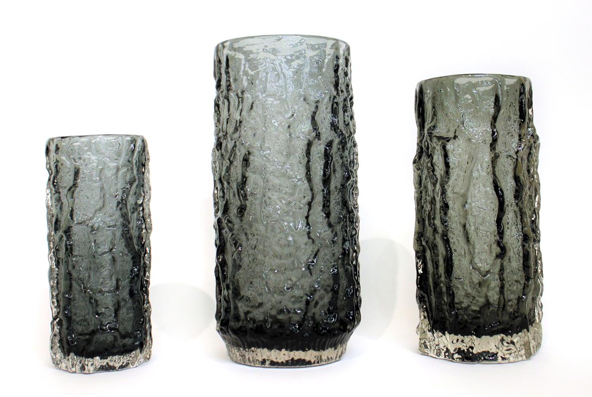 Lot 15 - Whitefriars - Geoffrey Baxter: A Trio of Textured Range Cylindrical Bark Glass Vases, in willow and