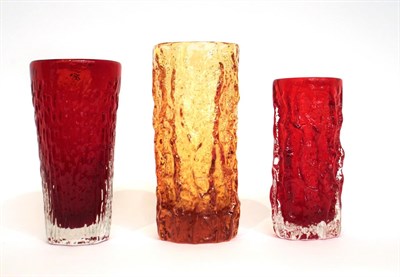 Lot 16 - Whitefriars - Geoffrey Baxter: Three Textured Range Glass Vases, in ruby and golden amber,...