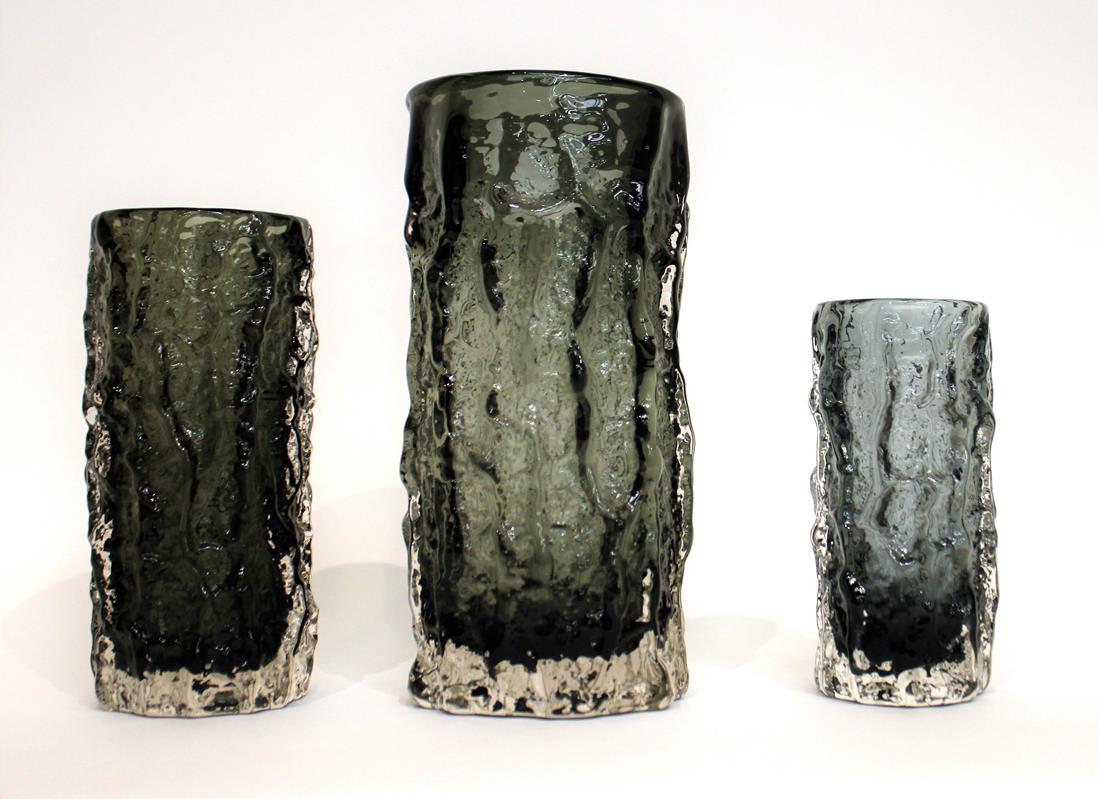 Lot 17 - Whitefriars - Geoffrey Baxter: A Trio of Textured Range Cylindrical Bark Glass Vases, in willow and