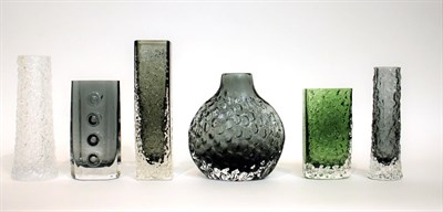 Lot 19 - Whitefriars - Geoffrey Baxter: Six Textured Range Glass Vases, in pewter, willow, flint and...