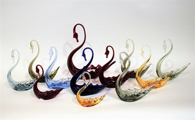 Lot 20 - Whitefriars - Twelve Glass Swans, in various colours and sizes, large, medium and small