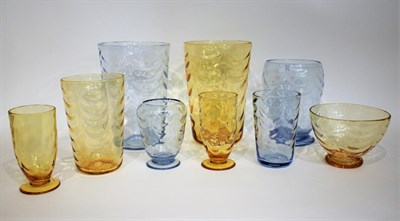 Lot 24 - Whitefriars - A Group of Wave-Ribbed Glass Vases and Bowls, in gold amber and sapphire, various...