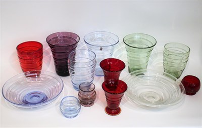 Lot 27 - Whitefriars - A Group of Ribbon-Trailed Glass Vases and Bowls, in ruby, flint, amethyst, sea...