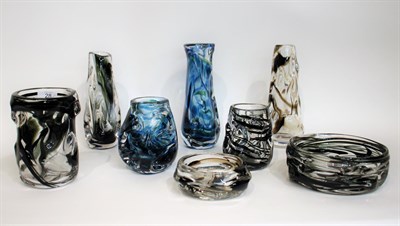 Lot 28 - Whitefriars - William Wilson and Harry Dryer: Eight Knobbly Range Glass Lamp Bases, Vases and...