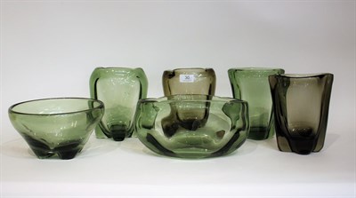 Lot 30 - Whitefriars - James Hogan and William Wilson: Six Lobed Glass Vases and Bowls, in sea green and...