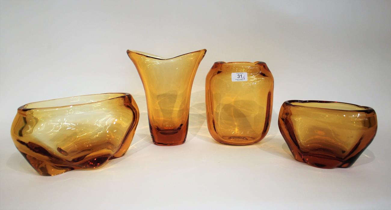 Lot 31 - Whitefriars - James Hogan and William Wilson: Four Lobed and Thick Walled Glass Vases and Bowls, in