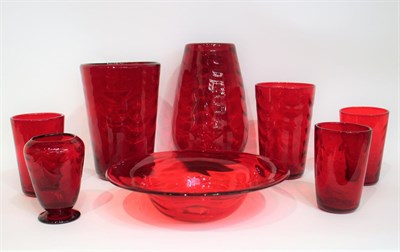 Lot 32 - Whitefriars - A Group of Wave Ribbed Glass Vases and Bowl, in ruby, including tumbler vases,...