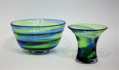 Lot 33 - A 1930's Steven and Williams (Royal Brierley) Rainbow Glass Vase and Bowl, with blue and green...