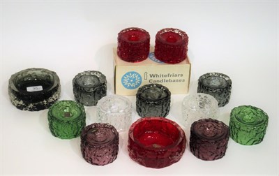 Lot 35 - Whitefriars - Geoffrey Baxter: Eleven Textured Range Candlebases, in ruby (boxed) flint, aubergine