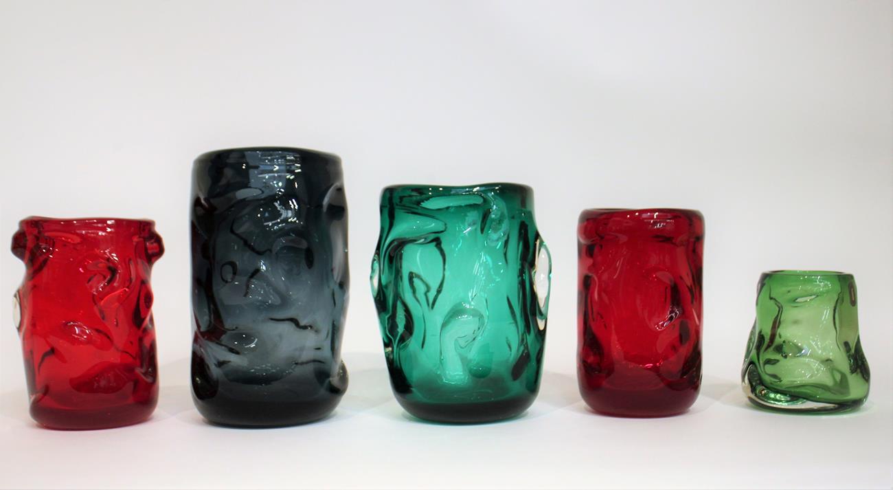 Lot 36 - Whitefriars - William Wilson and Harry Dryer: Five Knobbly Range Glass Vases, in meadow green,...