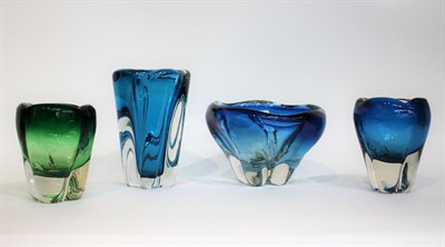 Lot 38 - Whitefriars - Two Lobed Glass Vases, in kingfisher blue and meadow green, pattern 9411, 14.5cm...