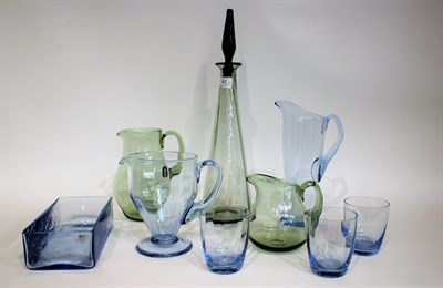 Lot 42 - Whitefriars - A Lemonade Jug and Three Tumblers, in sapphire blue, 9.5cm and 27cm a water jug...