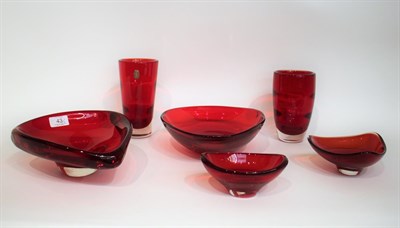 Lot 43 - Whitefriars - Six Glass Vases and Bowls, in ruby, various patterns and sizes