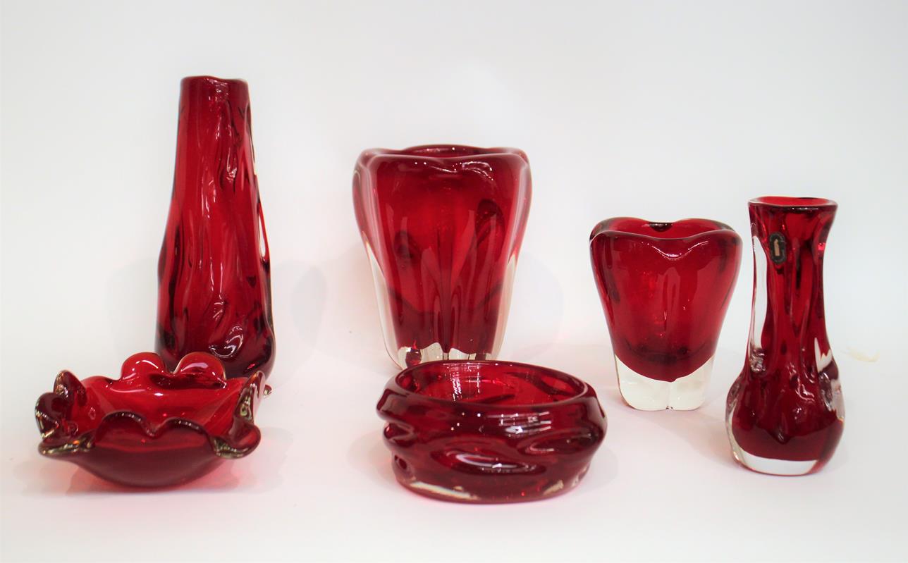 Lot 46 - Whitefriars - Two Lobed Glass Vases, in ruby, pattern 9411, 13.5cm and 18.5cm and four other pieces