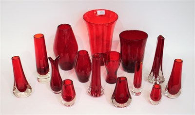 Lot 49 - Whitefriars - A Group of Ruby Glass Vases, various patterns and sizes (15)