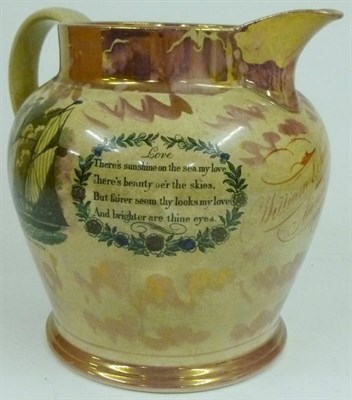 Lot 71 - A Sunderland Lustre Large Jug, dated 1867, printed in black and overpainted in colours with THE...
