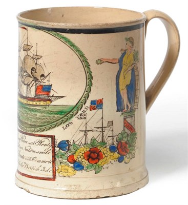 Lot 74 - A Sunderland Dawson & Co, Low Ford Creamware Pottery Peace and Plenty Mug, early 19th century,...