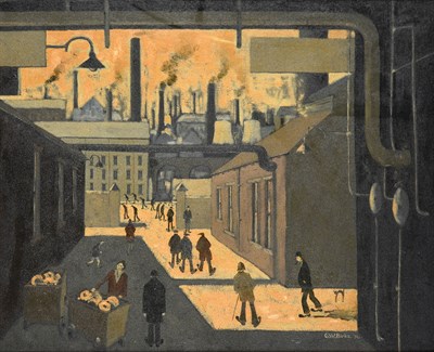 Lot 1075 - Geoffrey Woolsey Birks (1929-1993) Figures before an industrial town Signed and dated (19)74,...