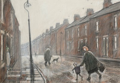 Lot 1045 - Norman Stansfield Cornish MBE (1919-2014) ''Misty Street'' Signed, oil pastel on paper, 43.5cm...