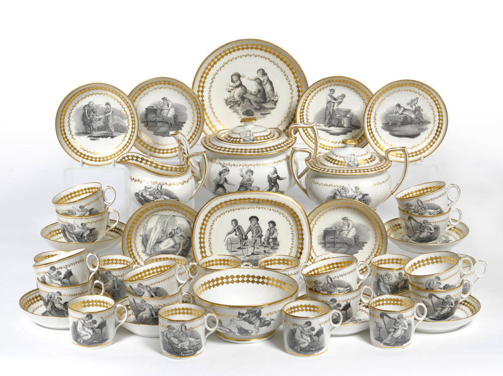 Lot 83 - A New Hall Porcelain Tea and Coffee Service, circa 1810, printed en grisaille with mothers and...