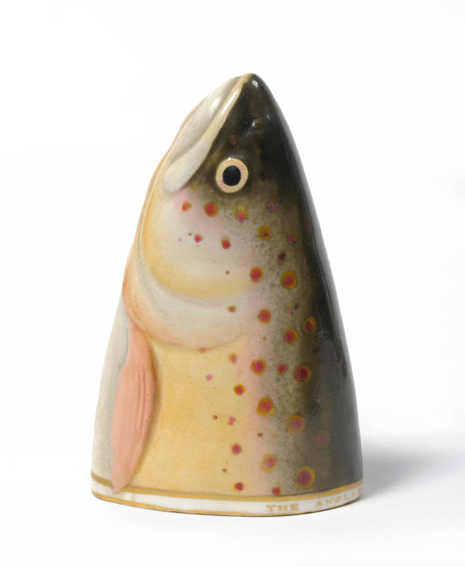 Lot 88 - A Porcelain Trout's Head Stirrup Cup, inscribed "The Angler's Delight", probably Derby, early...