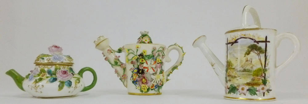 Lot 89 - A Bloor Derby Flower Encrusted Miniature Watering Can, circa 1830, picked out in colours,...