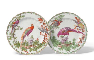 Lot 100 - A Pair of Chelsea Red Anchor Period Plates, circa 1765, decorated with exotic birds, painted on...